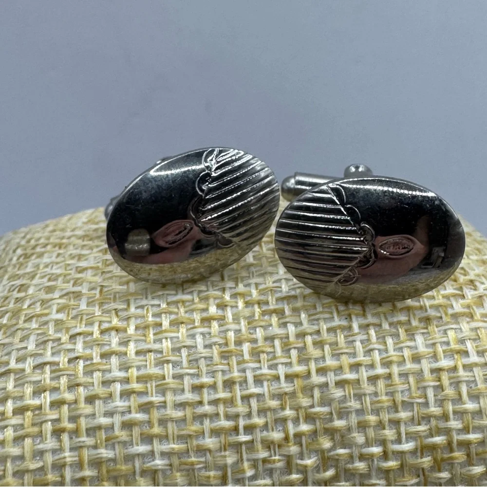 vintage silver tone cuff links etched design oval MCM dapper wedding formal